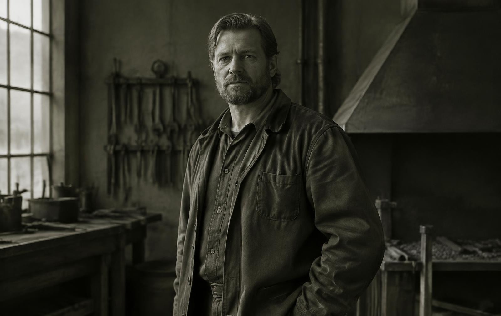Portrait of a fictional founder in a workshop, soft window light