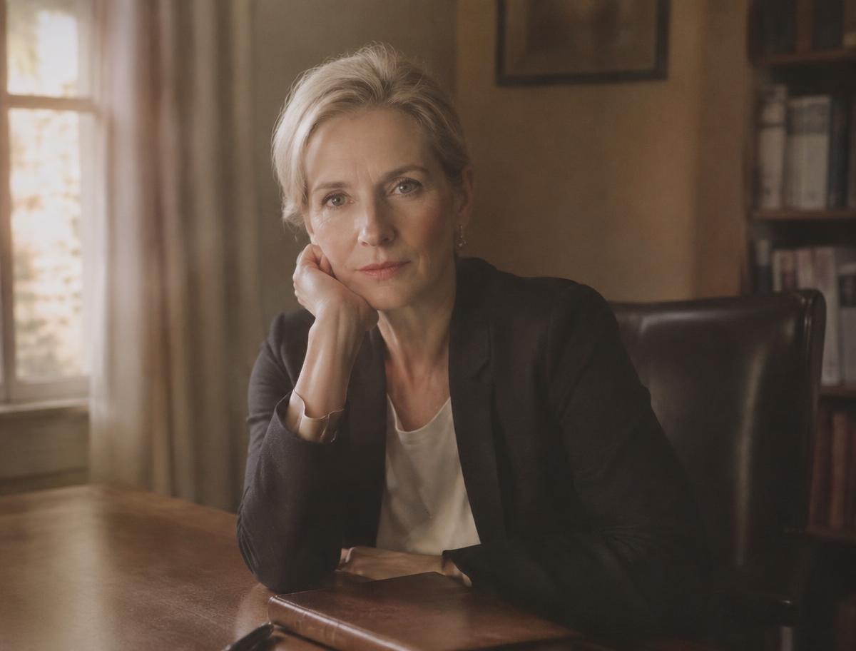 Portrait of a fictional executive at a desk with a notebook